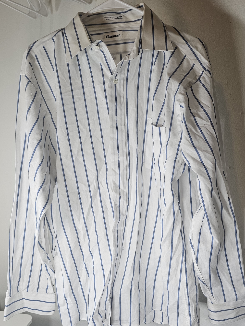 Damon Men's White Shirt with Blue Stripes - Classic Long Sleeve Dress Shirt